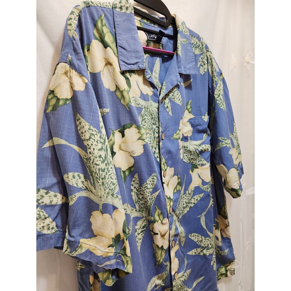 Bermuda Bay Men XL Blue Green Leaf Shirt Button Silk Tropical Vaca Hawaiin Aloha - Picture 2 of 14